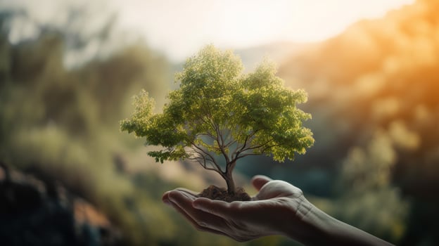 Artistic Hands Embrace Nature's Beauty Holding Tree Over Blurred Background photo