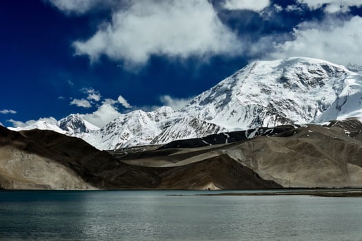 Overlooking the 7,500-meter-high Muztagh Tower from Pamirs Karakul Lake photo