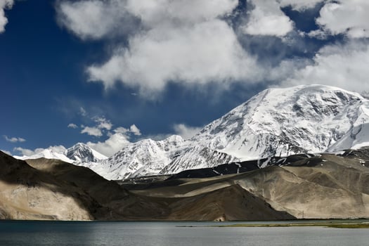 Overlooking the 7,500-meter-high Muztagh Tower from Pamirs Karakul Lake photo