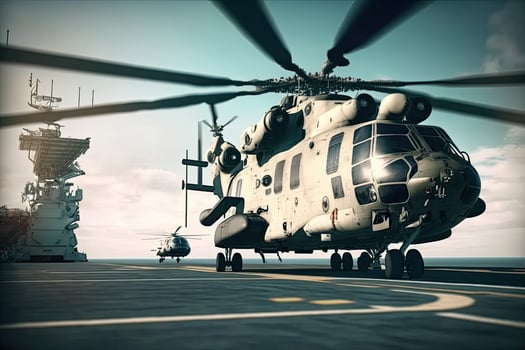 Military helicopter on warship board in the sea. Navy helicopter on board the aircraft carrier. Created with photo