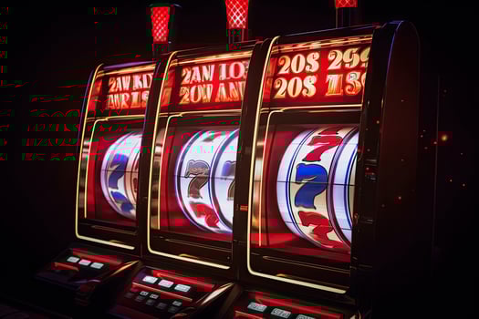 Casino slot machine with winning combination. Gambling addiction. Casino games concept. Lucky one handed bandit. Created with photo