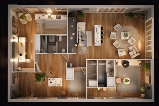 Apartment visualization, design project. Architectural plan for renovation. Living room interior, top view. Created with photo