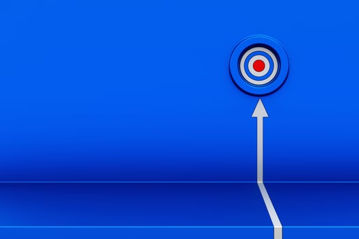 White arrow hit the target on blue metal wall. White arrow climbing up over,  3d arrow going upward,  business strategy and target achievement concept. 3d rendering photo
