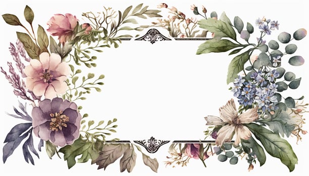 , Watercolor frame with spring flowers, hand drawn art style with place for text. Greeting, birthday and other holiday, wedding invitation concept photo