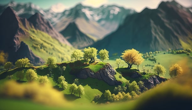 , Mountains spring green landscape, houses, trees, road, beautiful countryside. Nature Illustration, photorealistic tilt shift horizontal banner. photo