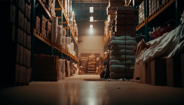 Inside the Storage Cinematic Lighting Enhances the Orderly Rows of Boxes and Racks in a Warehouse. photo