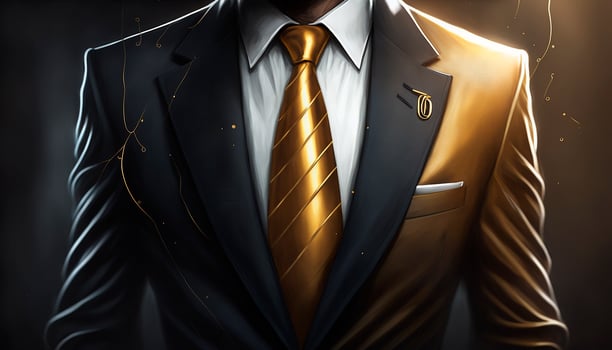 A Close-Up Silhouette of a Rich Businessman in Black and Gold Suit. photo