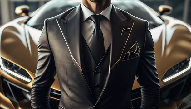 A Close-Up of a Rich Businessman Standing in Front of a Luxurious Supercar. photo