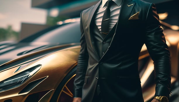 A Close-Up of a Rich Businessman Standing in Front of a Luxurious Supercar. photo