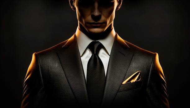 A Close-Up Silhouette of a Rich Businessman in Black and Gold Suit. photo