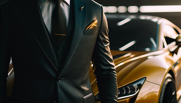 A Close-Up of a Rich Businessman Standing in Front of a Luxurious Supercar. photo