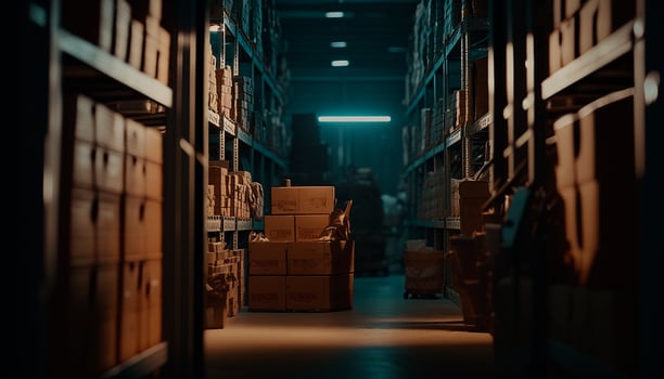 Inside the Storage Cinematic Lighting Enhances the Orderly Rows of Boxes and Racks in a Warehouse. photo