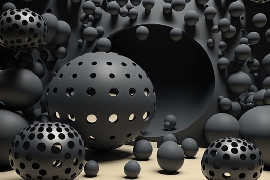 , geometric figures, cube, floating spheres and balls in black and white color. Glossy pink fluid banner, 3D scene effect, modern macro photorealistic abstract background illustration. photo
