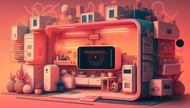 , Internet of things IOT devices and connectivity on a network, cloud at center, horizontal illustration. Technology concept, smart home. photo