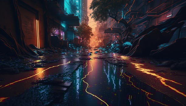 , Night scene of after rain city in cyberpunk style, futuristic nostalgic 80s, 90s. Neon lights vibrant colors, photorealistic horizontal illustration. photo