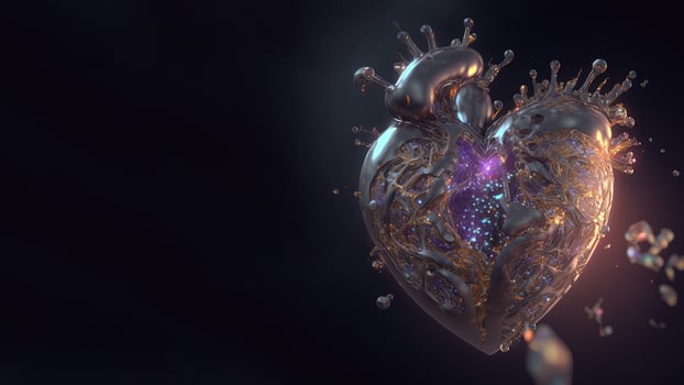 , Metal robotic royal heart, jewelry futuristic illustration. Love, feelings, romantic St. Valentine's Day concept, realistic 3d effect, horizontal banner photo