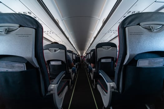 Airplane cabin seats with passengers. Economy class of new cheapest low-cost airlines without delay or cancellation of flight. Travel trip to another country. photo