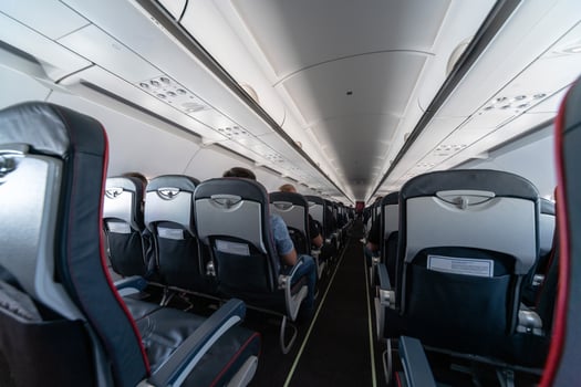 Airplane cabin seats with passengers. Economy class of new cheapest low-cost airlines. Travel trip to another country. Turbulence in flight. photo
