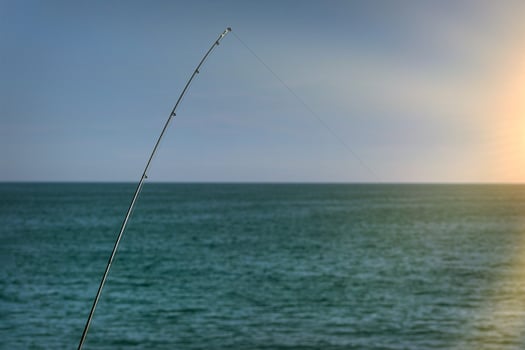 Fishing rod against blue ocean or sea background, copy space. Waiting for biggest haul. Meditative relax sport. photo