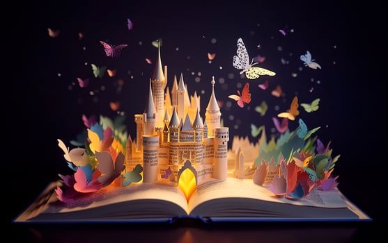 Open book with a fantasy world popping out. World book day. . photo