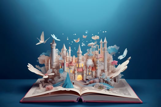 Open book with a fantasy world popping out. World book day. . photo
