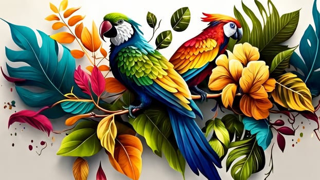 Tropical birds , colorful parrots and exotic flowers with photo