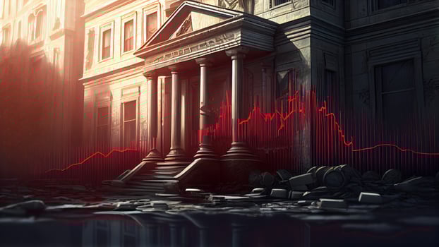 Economic crisis concept and digital indicators overlap with destroyed city background with photo
