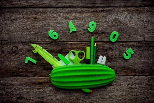 Pencil case and school supplies on a wood background. Stationery green. Back to school concept. photo