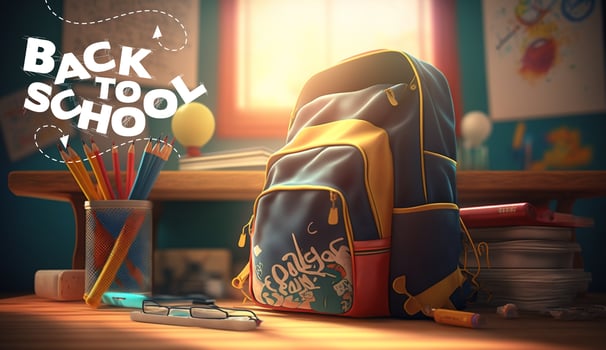 back to school, kids pencil colors, markers and crayons, bag and books background photo
