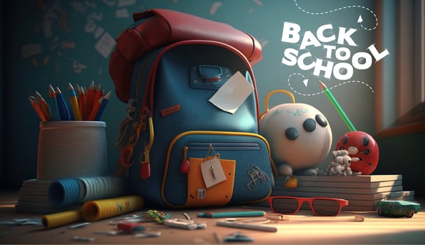 back to school, kids pencil colors, markers and crayons, bag and books background photo
