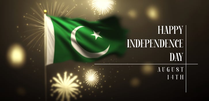 Independence day Pakistan banner with a flag on dark background with some fireworks and celebratory vibes photo
