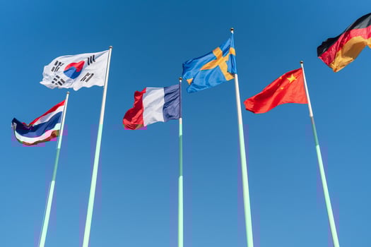 The national flags of six nations, Thailand, South Korea, France, Sweden, China, Germany photo