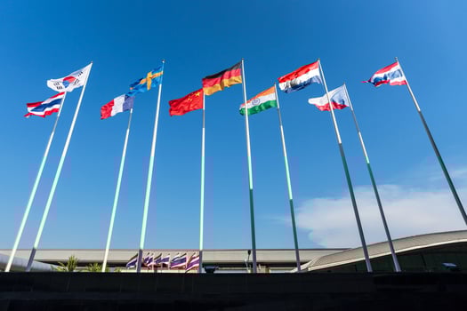 The national flags of nine nations, Thailand, South Korea, France, Sweden, China, Germany, Czech Republic, Netherlands, India photo