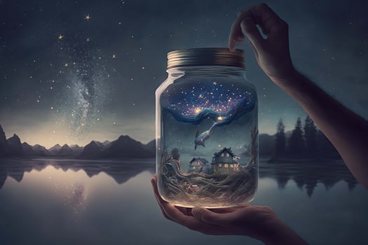 Glass jar with fantasy world inside. Capturing dream concept. Created with photo