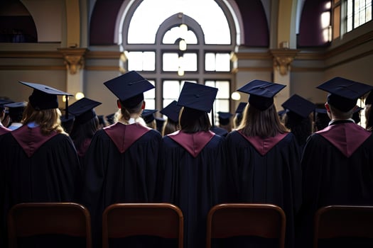 Back view of graduates in mortar boards and bachelor gowns on graduation ceremony at the university. Successful graduation from college or high school. Created with photo