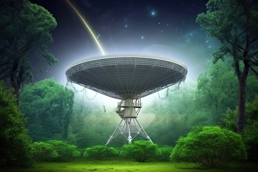 Radio telescope at unknown planet landscape. Antenna for of space signals research. Space observatory. Created with photo