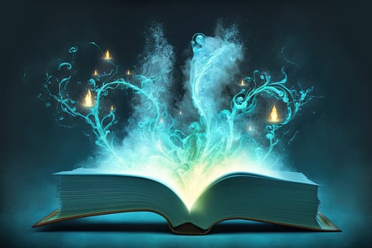 Open magical book with glowing lights over pages on abstract background. Fantasy reading. Created with photo