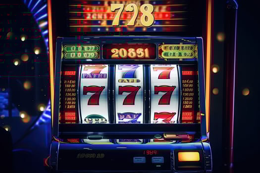 Casino slot machine with winning combination. Gambling addiction. Casino games concept. Lucky one handed bandit. Created with photo