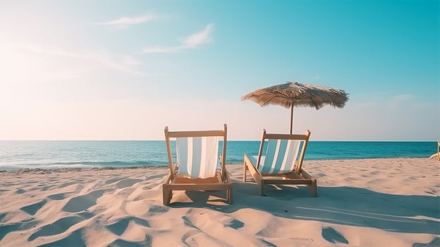 Beautiful beach. Chairs on the sandy beach near the sea. Summer holiday and vacation concept for tourism. photo