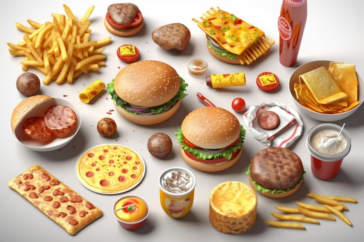 Fast food set. Hamburger, cheeseburger, cola, french fries, burger and hamburger. AI photo