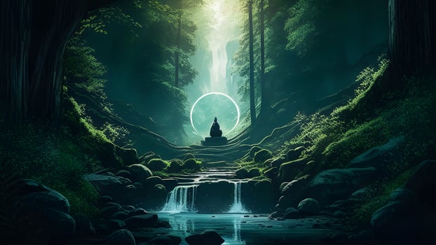 person in yoga position meditation in the deep green forest illustration design. . photo