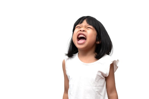 Portrait of angry emotional Asian girl screaming and frustrated shouting with anger, crazy and yelling on white background, Concept of attention deficit hyperactivity disorder ADHD photo