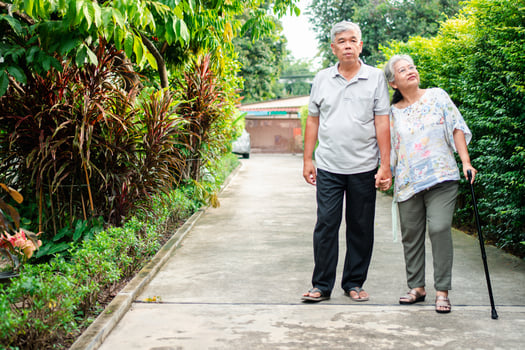 Happy senior couple walking together in the garden. Old elderly using a walking stick to help walk balance. Concept of  Love and care of the family And health insurance for family photo