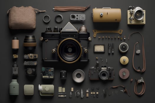 A camera is surrounded by other cameras and accessories including a camera photo