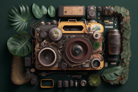 Top view of vintage camera and camera equipment with tropical leaves on green background. 3d rendering photo