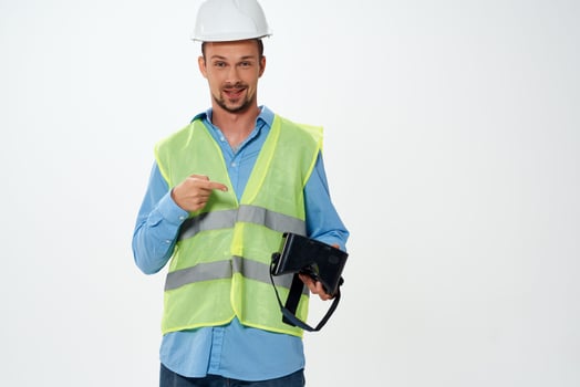male protective uniform construction engineer VR goggles photo
