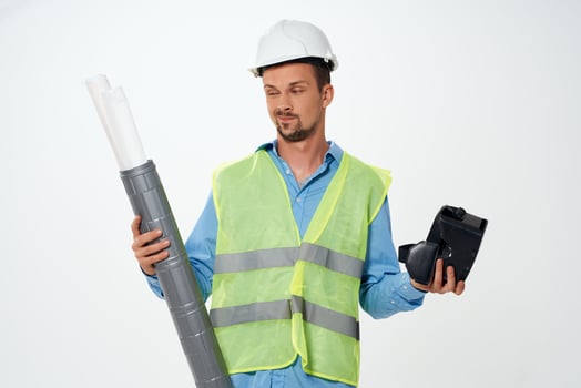 construction worker in working form blueprints virtual reality glasses construction photo