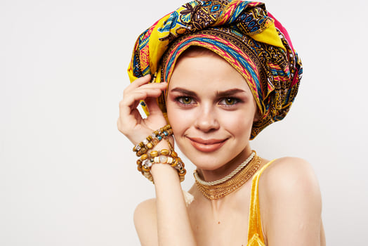 pretty woman multicolored turban decoration fashion ethnicity photo