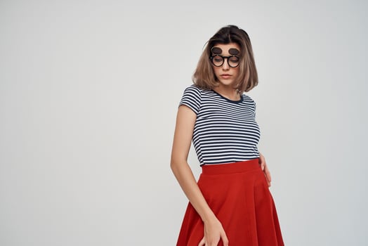 cheerful woman in striped t-shirt cropped background fashion photo