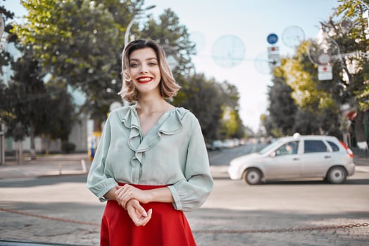 cute blonde with red lips walking outdoors fresh air photo